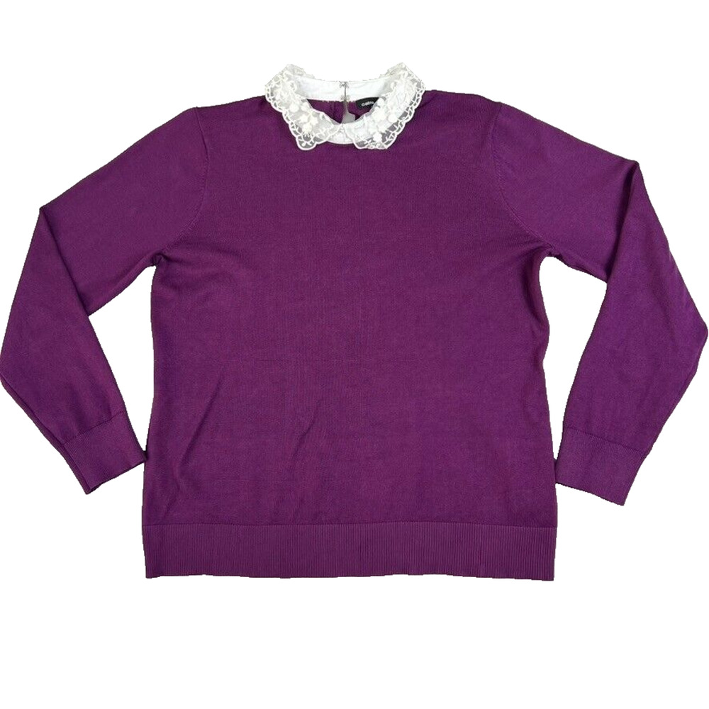 Cable & Gauge Women Sweater XL Purple Sheer Embroidered Peter Pan Collar Cottage